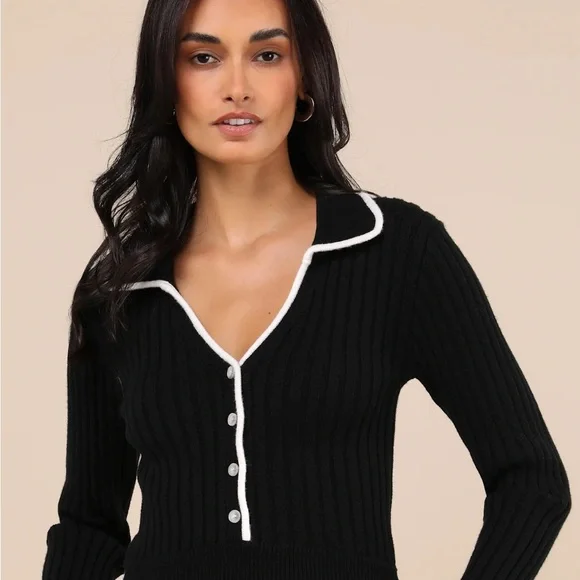 Lulus Season Black Collared Sweater Top Large NWT - Picture 1 of 6
